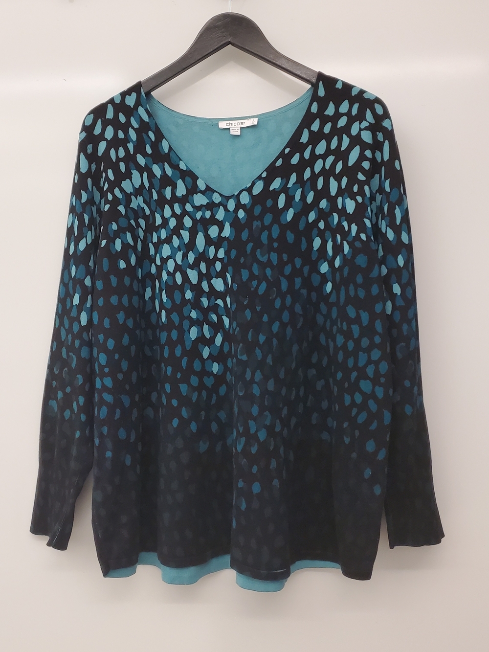 Chico's Teal and Black V-Neck Spot Print Top